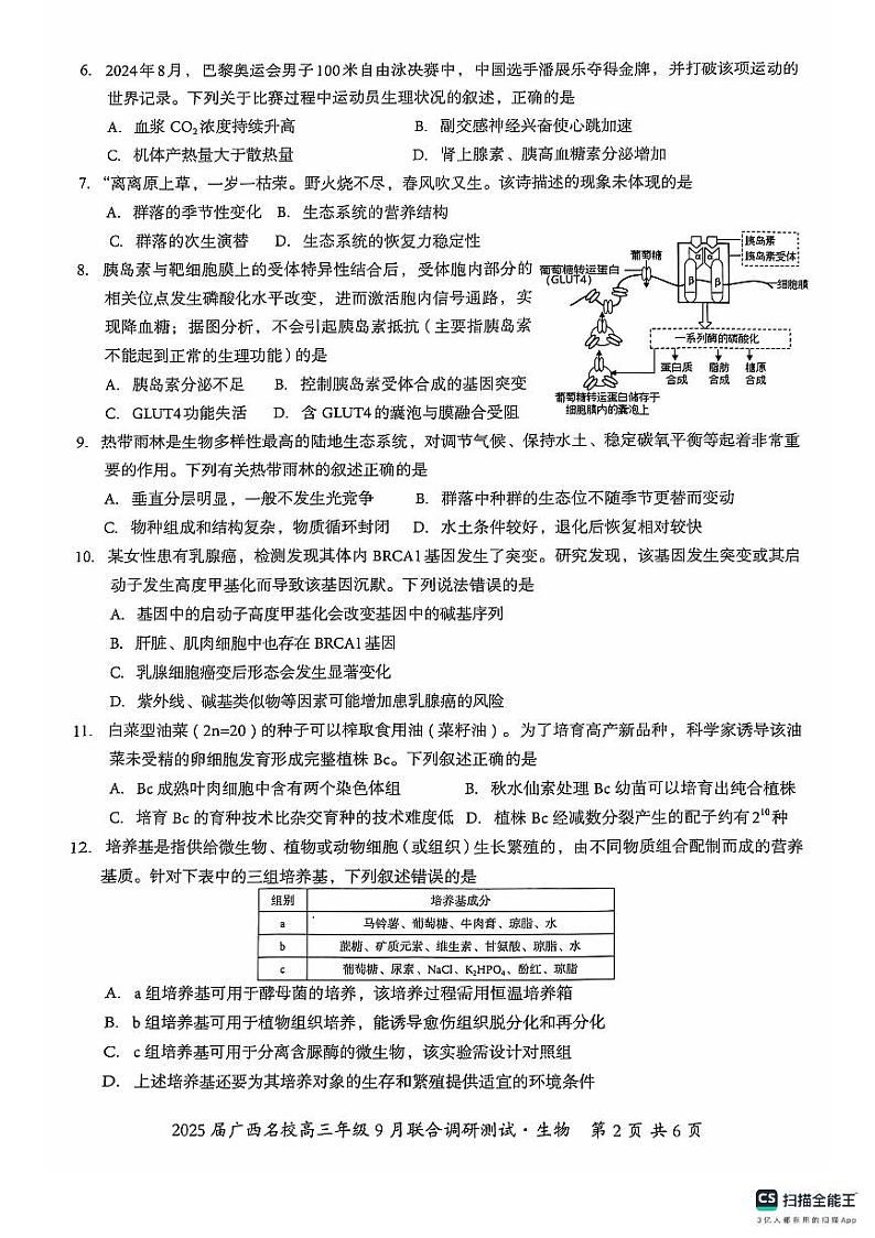 2025届广西名校高三年级9月联合调研测试试卷+生物第2页
