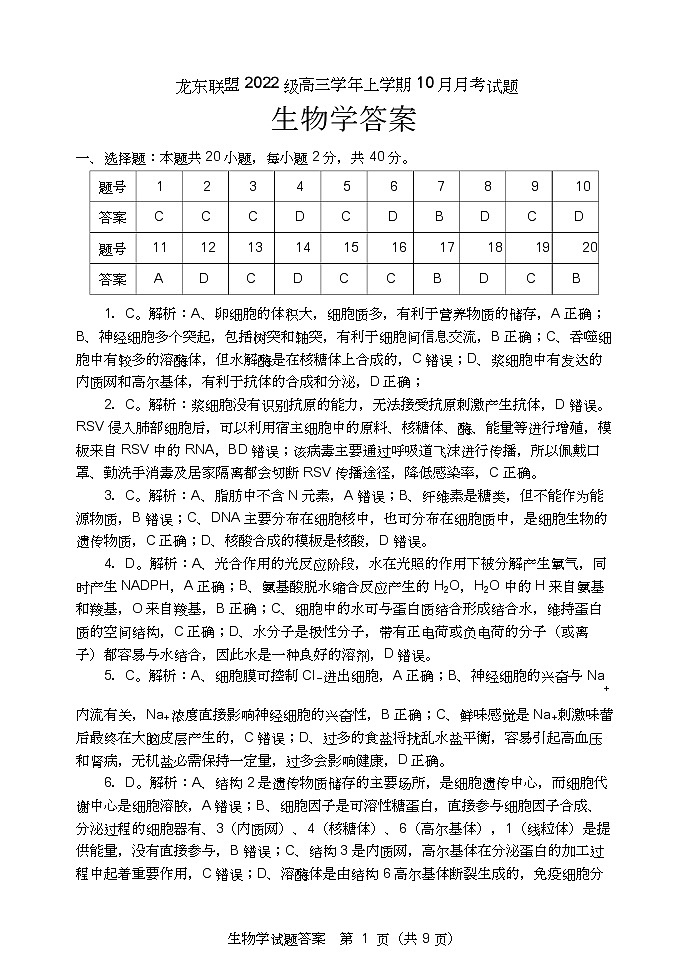 黑龙江省龙东联盟2024-2025学年高三上学期10月月考生物试题答案第1页
