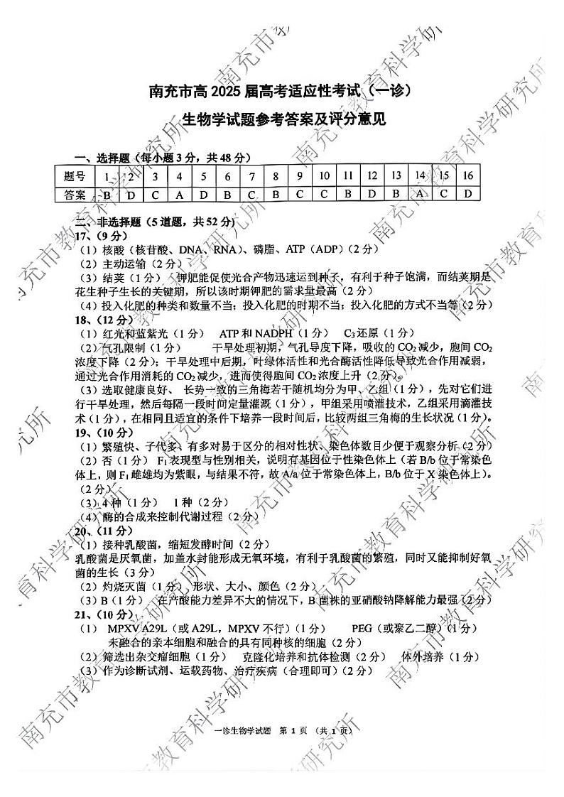四川省南充市2025届高三高考适应性考试（一诊）生物试题答案第1页
