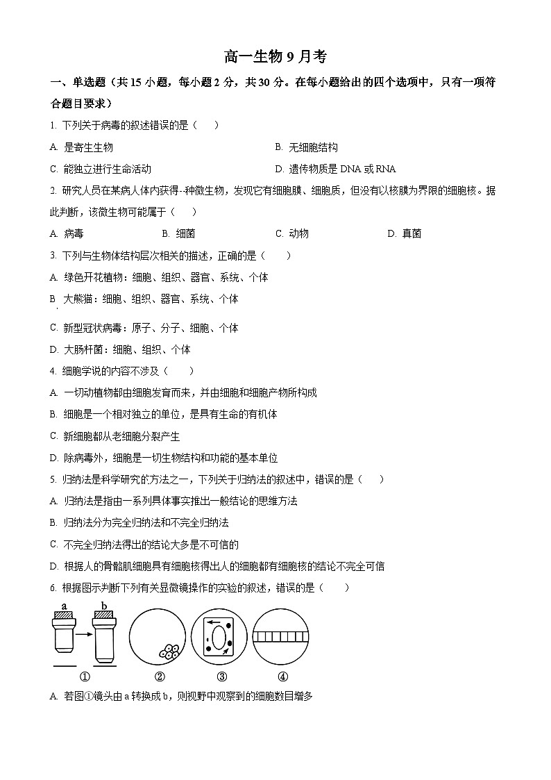 吉林省通化市梅河口市第五中学2024-2025学年高一上学期9月月考生物试题（Word版附解析）01