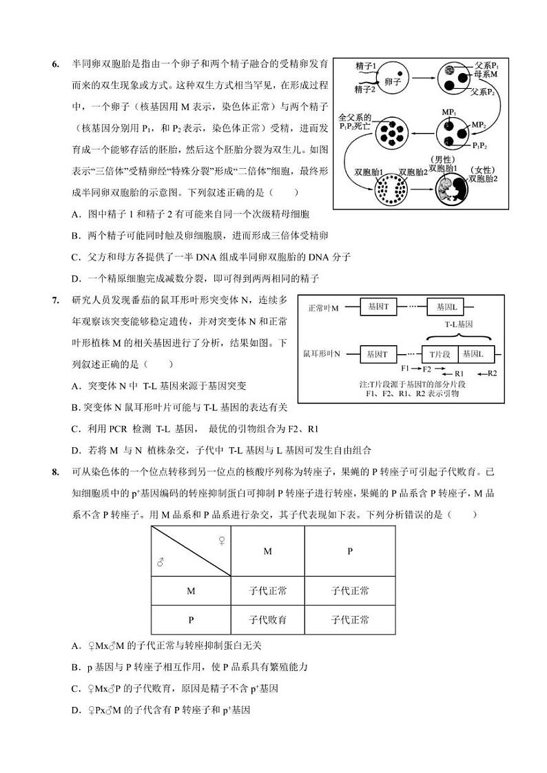 重庆市“名校方案联盟”2024-2025学年高三上学期10月大联考生物试题03