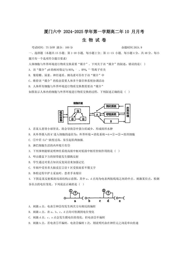 [生物]福建省厦门第六中学2024～2025学年高二上学期10月月考试题(含答案)第1页