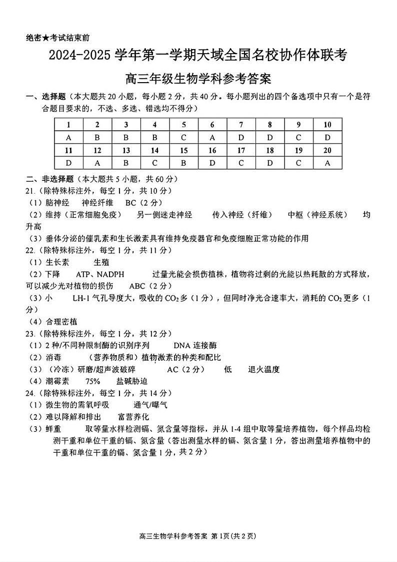 2024-2025学年第一学期天域全国名校协作体高三联考试卷+生物答案第1页