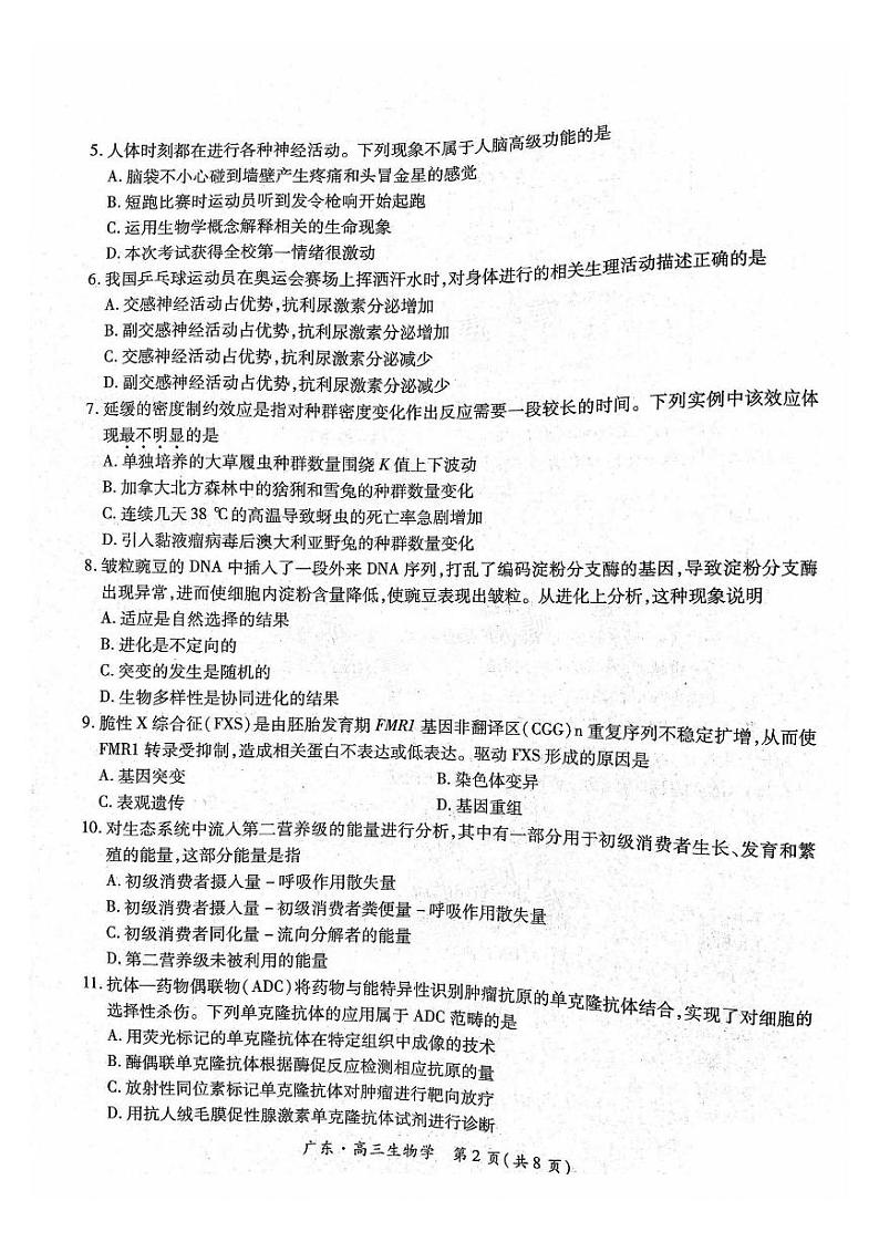 广东省2025届高三上学期10月阶段检测考试卷+生物第2页