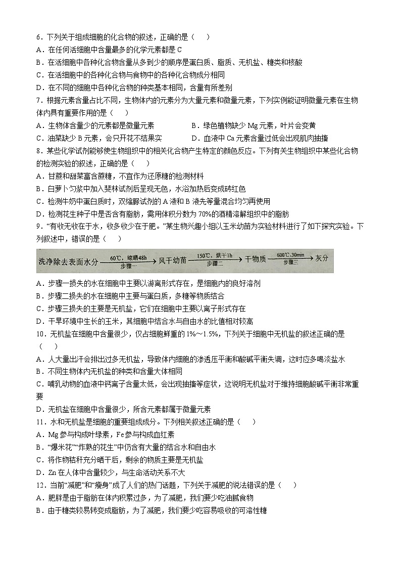 河北省廊坊市文安县第一中学2024-2025学年高一上学期开学生物试题(无答案)02