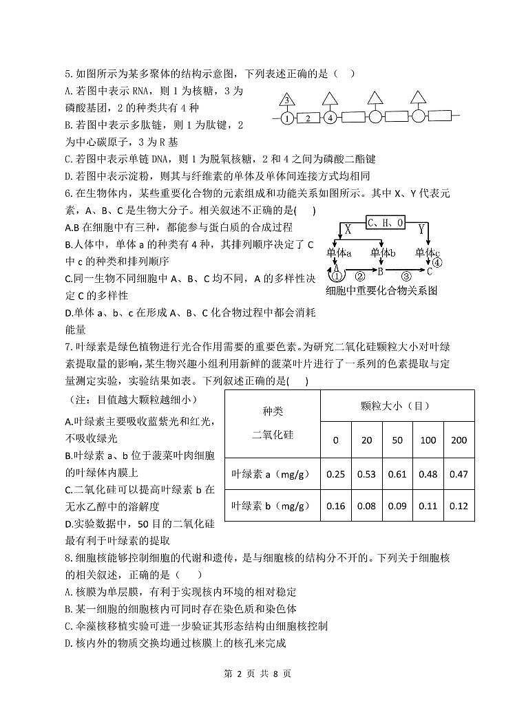 2024-2025 学年第一学期学业水平质量检测题生物第2页