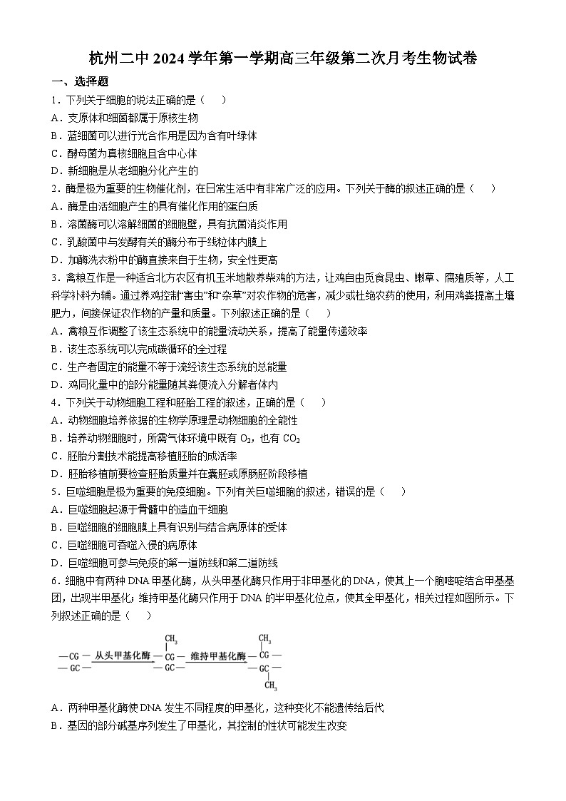 浙江省杭州第二中学2024-2025学年高三上学期第二次月考生物试卷第1页