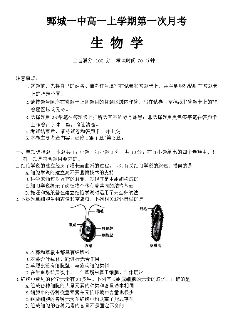 山东省菏泽市鄄城县第一中学2024~2025学年高一上学期10月月考生物试题第1页