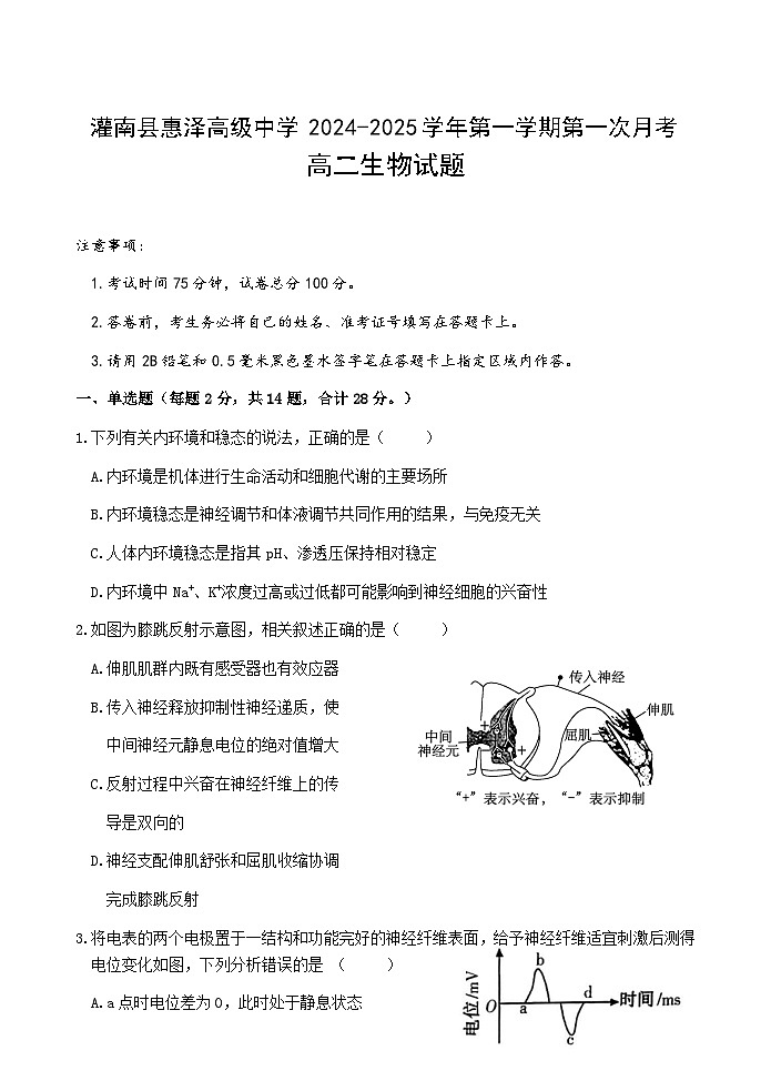 江苏省连云港市灌南县灌南县惠泽高级中学2024-2025学年高二上学期10月月考生物试题01