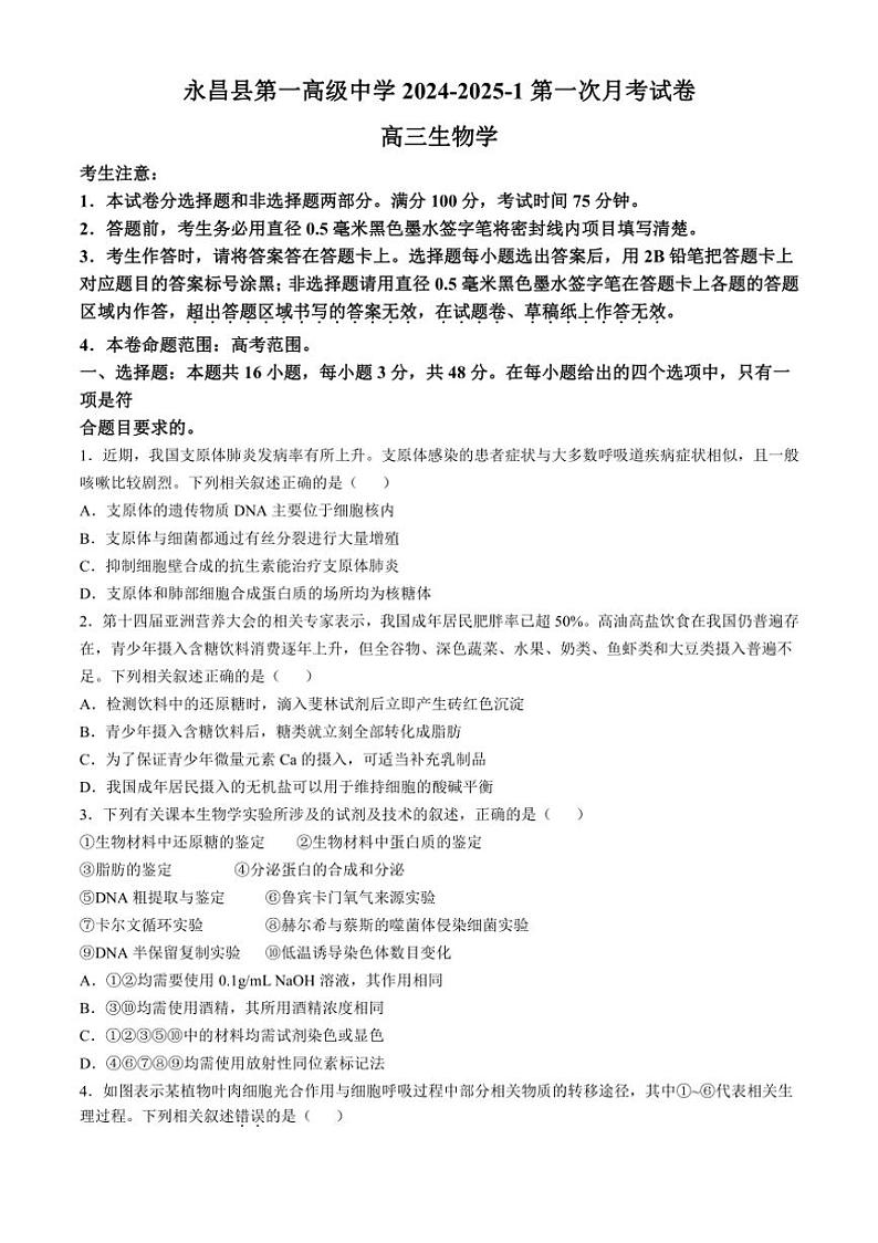 [生物]甘肃省金昌市永昌县第一高级中学2024～2025学年高三上学期第一次月考试卷(有答案)第1页