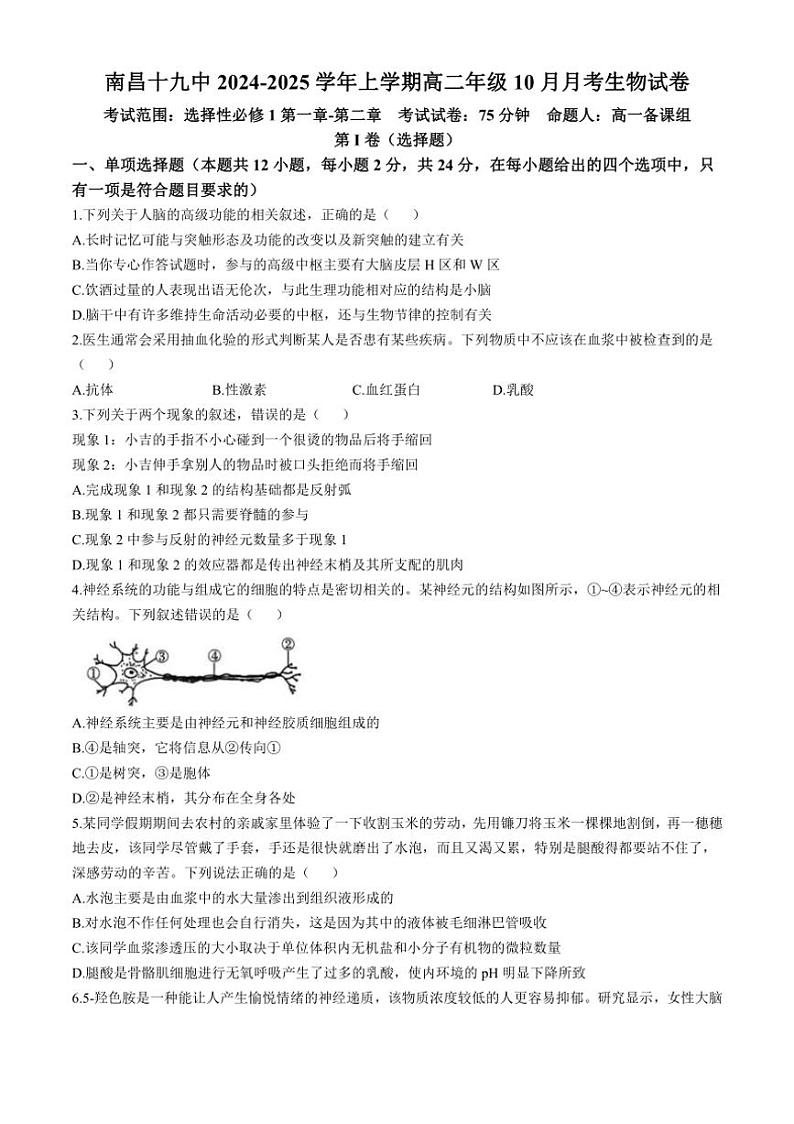 [生物]江西省南昌市东湖区南昌市第十九中学2024～2025学年高二上学期10月月考试题(有答案)第1页