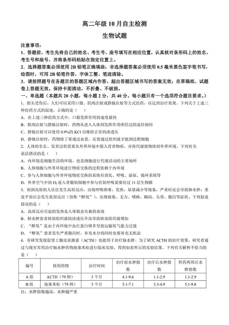 [生物]山东省济宁市邹城市第一中学2024～2025学年高二上学期10月月考试题(有答案)01