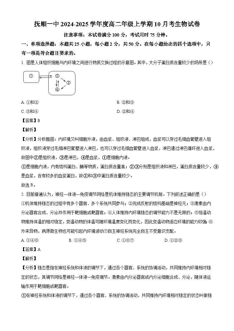 辽宁省抚顺市第一中学2024-2025学年高二上学期10月月考生物试题（解析版）第1页