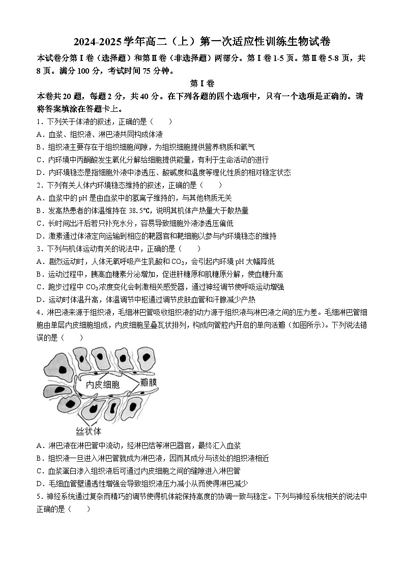 福建省厦门市思明区福建省厦门第一中学2024-2025学年高二上学期10月月考生物试题(无答案)第1页