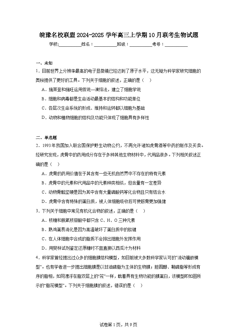皖豫名校联盟2024-2025学年高三上学期10月联考生物试题第1页