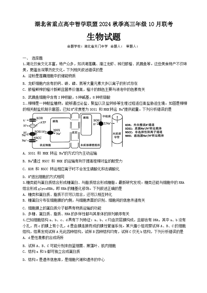 2025届湖北省重点高中智学联盟高三10月联考生物试卷第1页