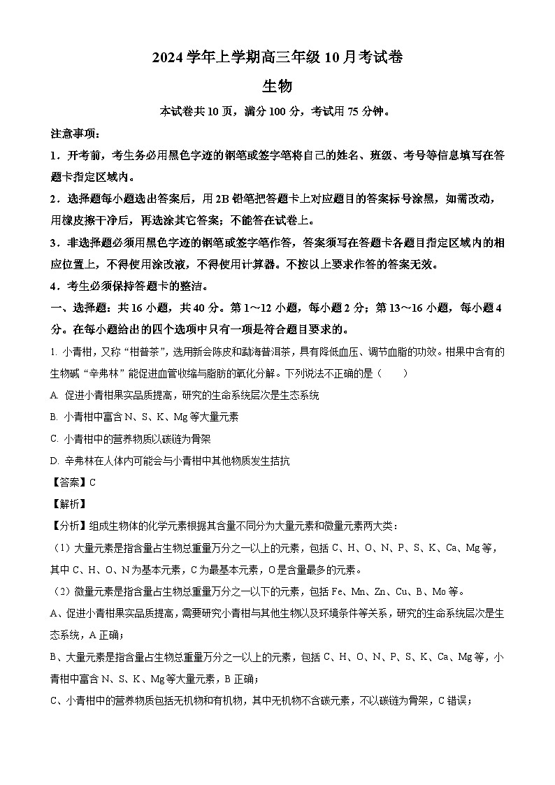 广东省广州市广雅中学2024—2025学年高三上学期10月考试生物试题（解析版）01