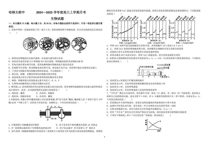 黑龙江省哈尔滨师范大学附属中学2024-2025学年高三上学期10月月考生物试题第1页