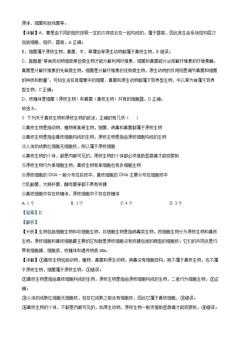 湖南省长沙市雅礼中学2024-2025学年高一上学期第一次月考生物试题（Word版附解析）03