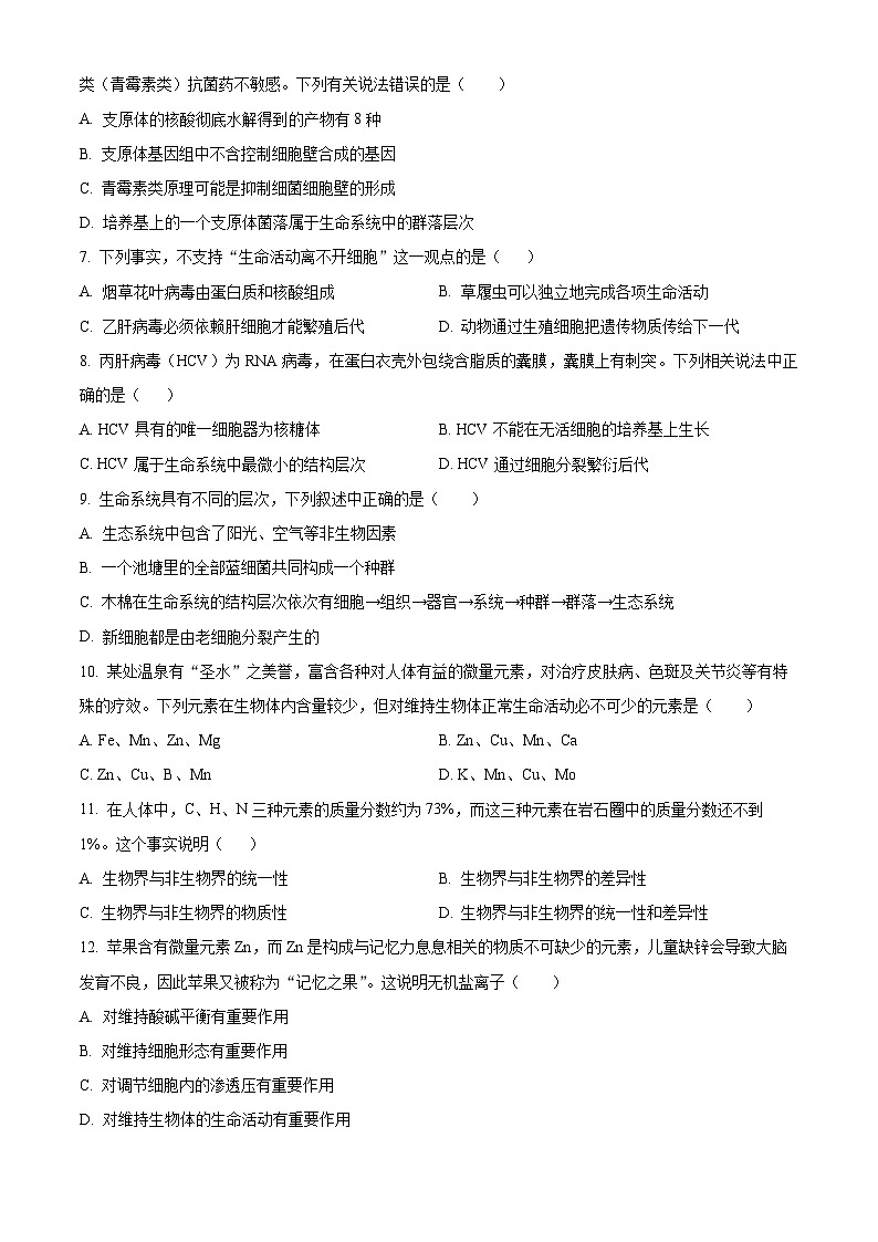 湖北省荆州市沙市中学2024-2025学年高一上学期10月月考生物试题（Word版附解析）02