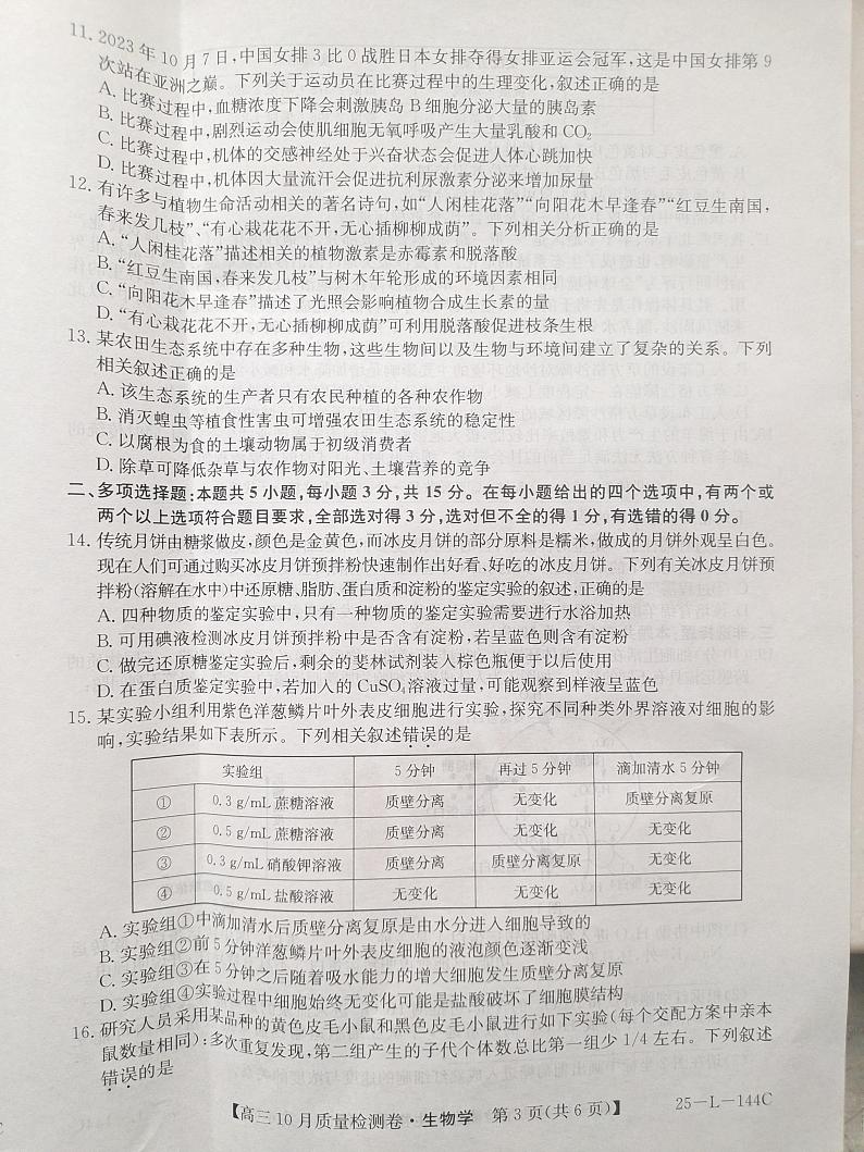 河北省邯郸市永年区第二中学等校2024-2025学年高三上学期10月月考生物试卷第3页