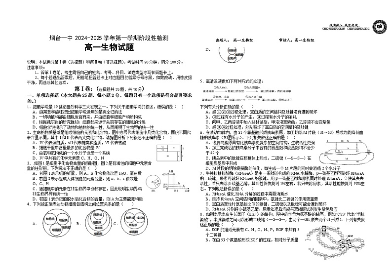 山东省烟台市芝罘区山东省烟台第一中学2024-2025学年高一上学期生物月考试题第1页
