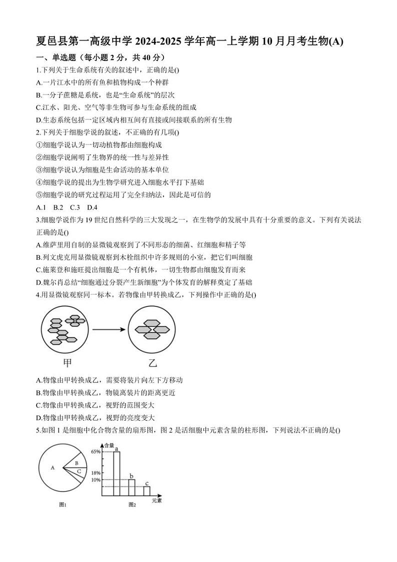[生物]河南省商丘市夏邑县第一高级中学2024～2025学年高一上学期10月月考学试题(有答案)第1页