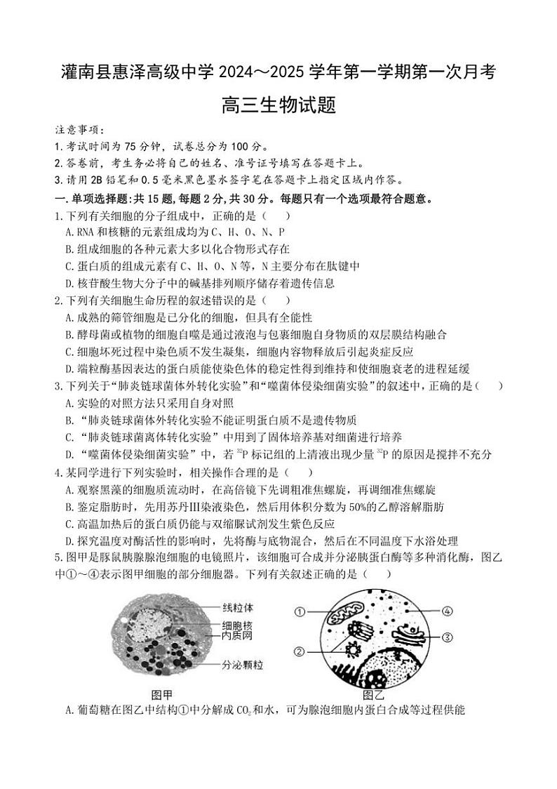 [生物]江苏省连云港市灌南县惠泽高级中学2024～2025学年高三上学期10月第一次月考学试题(有答案)第1页
