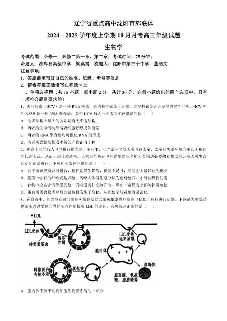 [生物]辽宁省重点高中沈阳市郊联体2024～2025学年高三上学期10月月考试题(有答案)01