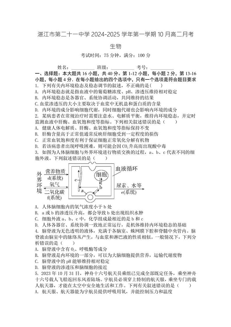 [生物]广东省湛江市第二十一中学2024～2025学年高二上学期10月月考学试题(有答案)第1页