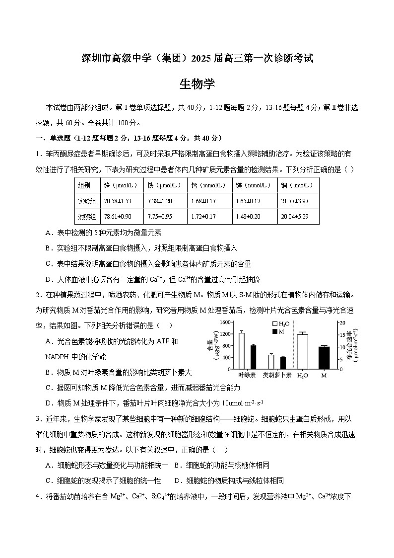广东省深圳市高级中学2024-2025学年高三上学期10月第一次诊断测试 生物 Word版含答案第1页