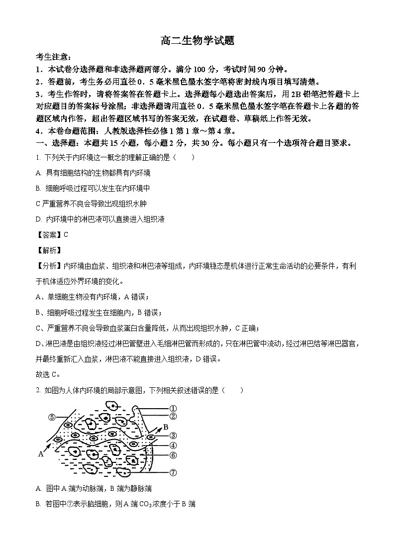 山东省菏泽市鄄城县第一中学2024-2025学年高二上学期10月月考生物试题（解析版）第1页
