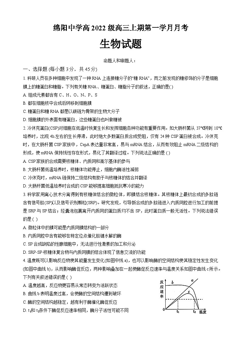 四川省绵阳中学2024-2025学年高三上学期10月月考生物试题（Word版附答案）第1页