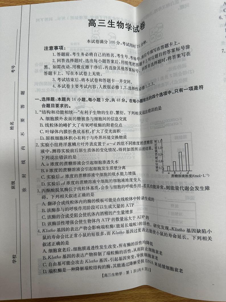 青海省部分学校2025届高三上学期10月联考生物试题（PDF版附答案）01