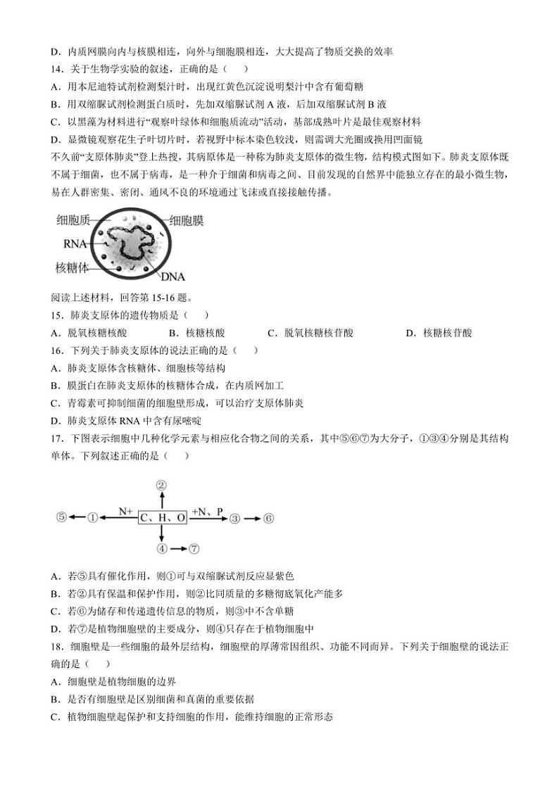 [生物]浙江省丽水市“五校高中发展共同体”2024～2025学年高一上学期10月联考试题(有答案)第3页