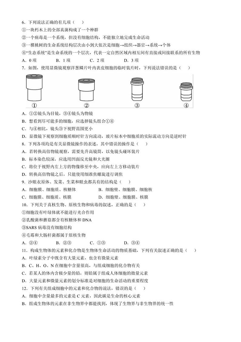[生物]云南省大理白族自治州下关一中教育基团2024～2025学年高一上学期10月月考试题(有答案)02