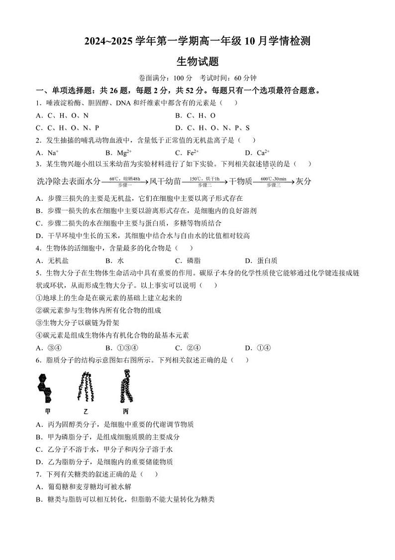 [生物]江苏省连云港市江苏省赣榆高级中学2024～2025学年高一上学期10月学情检测学试题(有答案)01