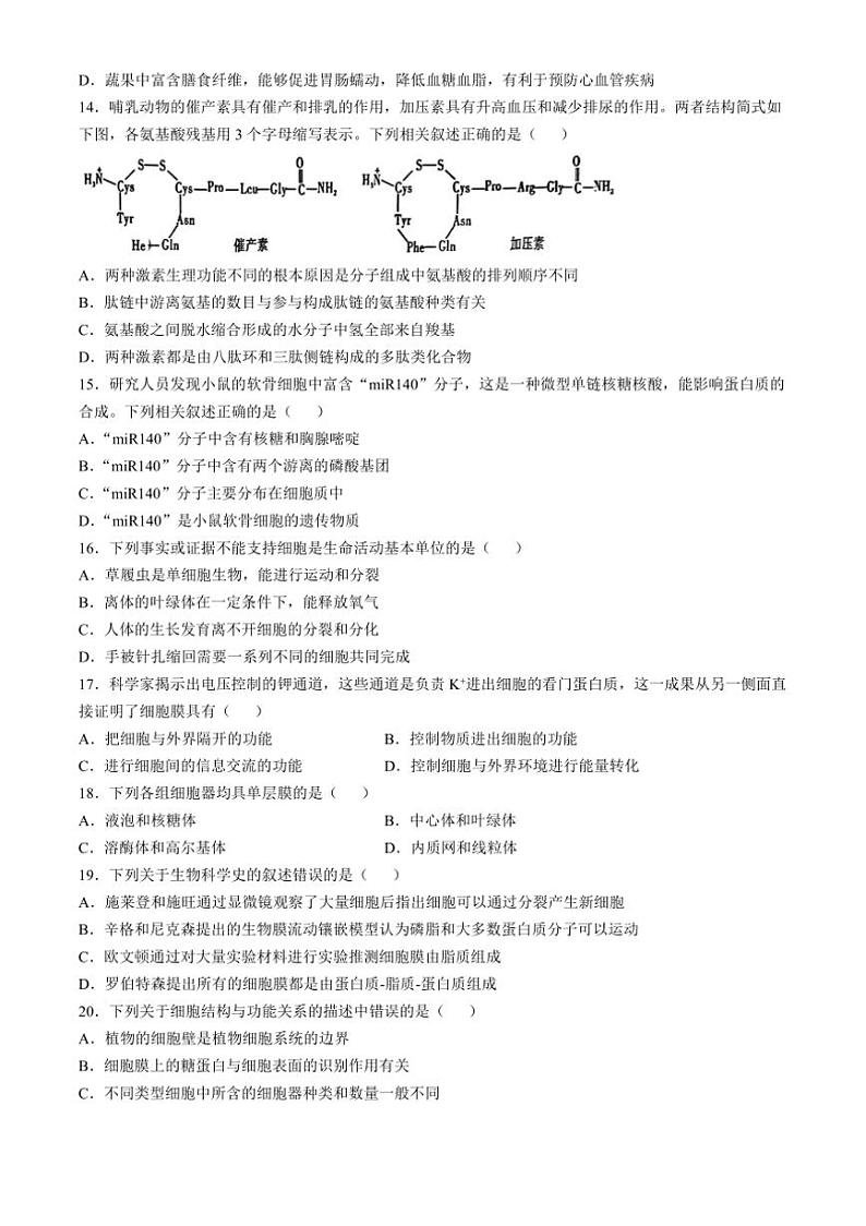 [生物]江苏省连云港市江苏省赣榆高级中学2024～2025学年高一上学期10月学情检测学试题(有答案)03