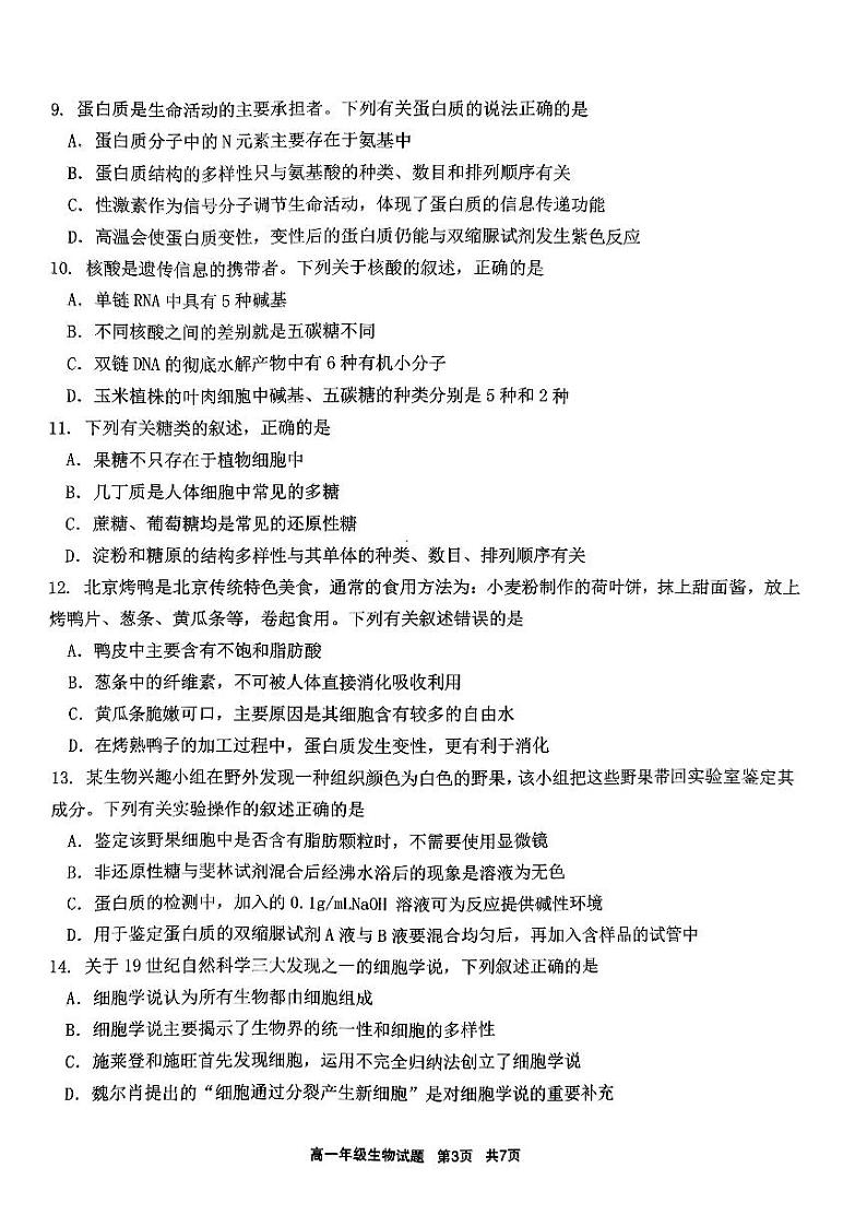 江苏省盐城市实验高级中学2024-2025学年高一上学期10月月考生物试卷第3页