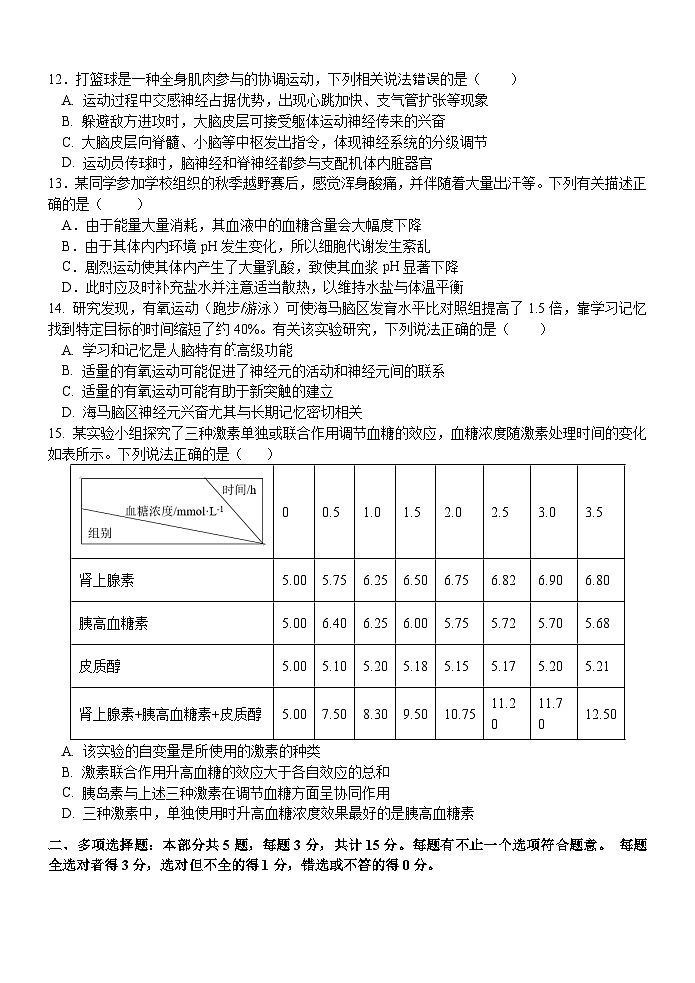 江苏省扬州中学2024-2025学年高二上学期10月月考生物试题（Word版附答案）03