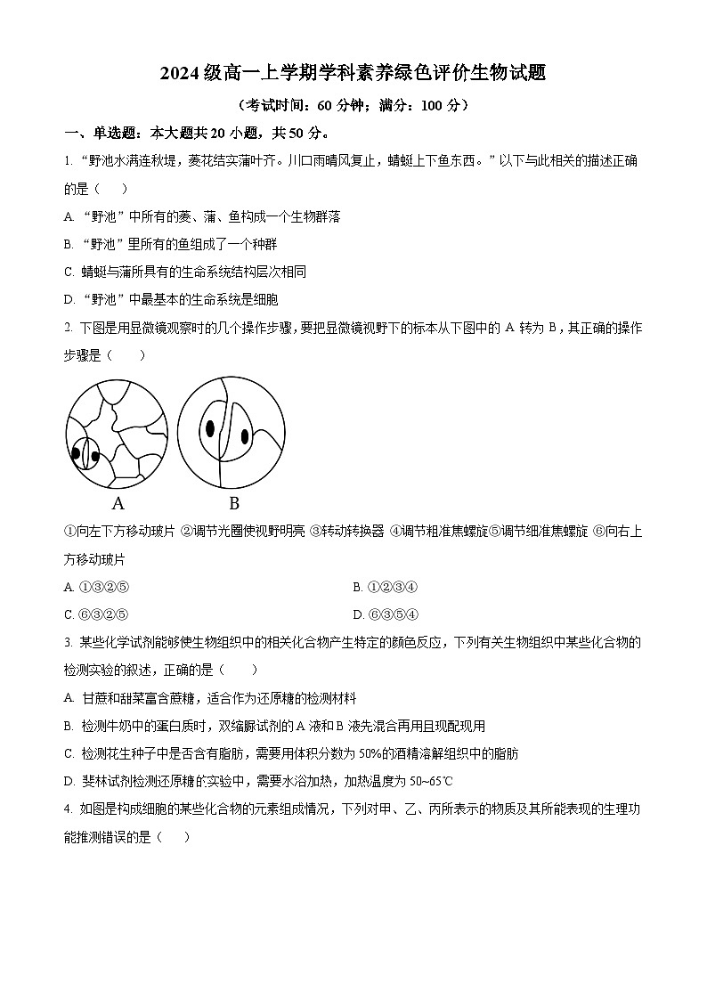 安徽省合肥市第十中学2024-2025学年高一上学期第一次月考生物试题第1页