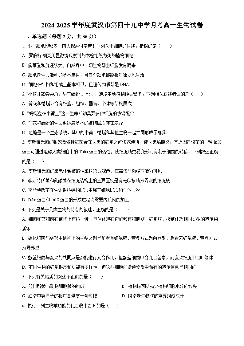 湖北省武汉市第49中学2024-2025学年高一上学期10月月考生物试题（Word版附解析）01