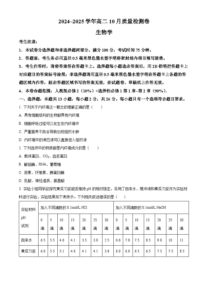 山西省大同市2024-2025学年高二上学期10月联考生物试题（Word版附答案）01