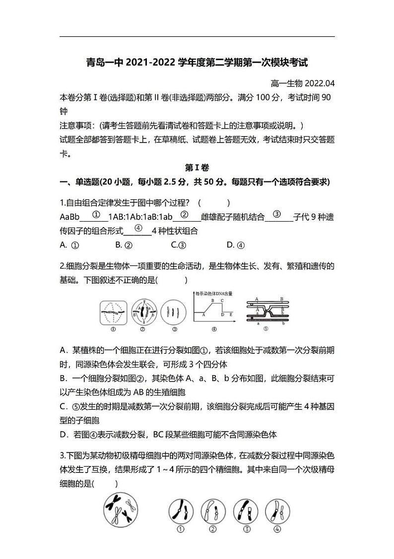 山东省青岛市第一中学2021-2022学年高一下学期4月期中考试生物试卷第1页