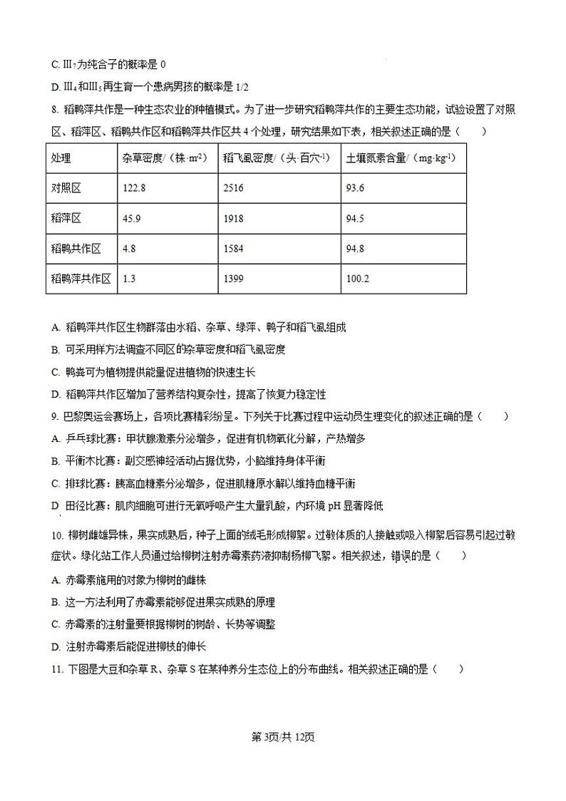 江苏南通2024年高三九月调研测试 生物试题（含答案）03