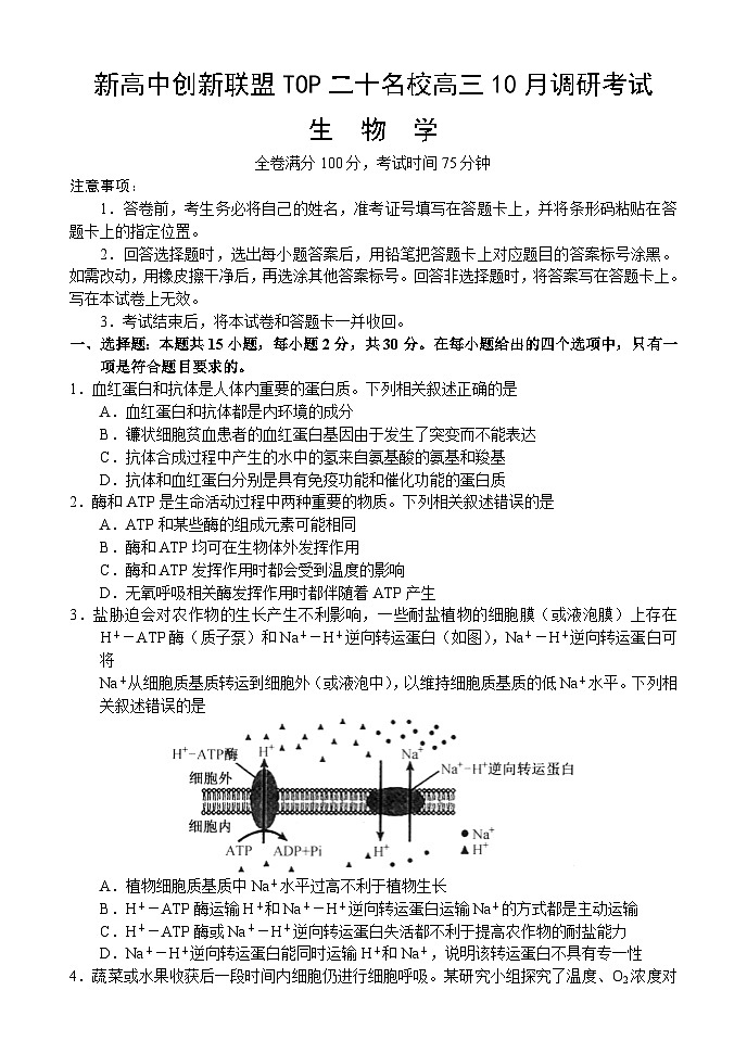 河南省新高中创新联盟TOP二十名校2024-2025学年高三上学期调研考试生物试卷（附参考答案）01