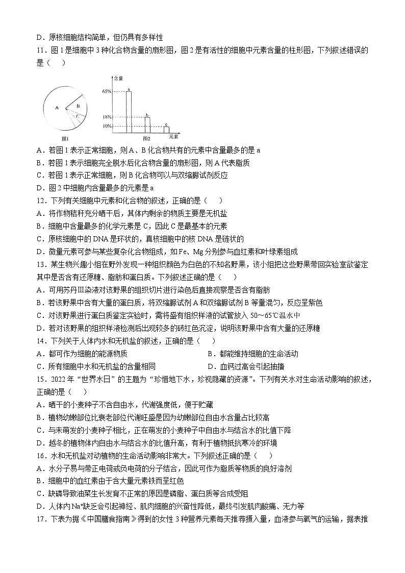 广东省惠州市泰雅实验学校2024-2025学年高一上学期第一次月考生物试题第3页