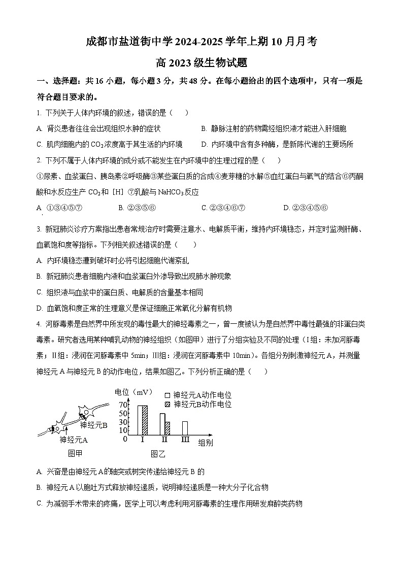 四川省成都市锦江区成都市盐道街中学2024-2025学年高二上学期10月月考生物试题 Word版无答案第1页