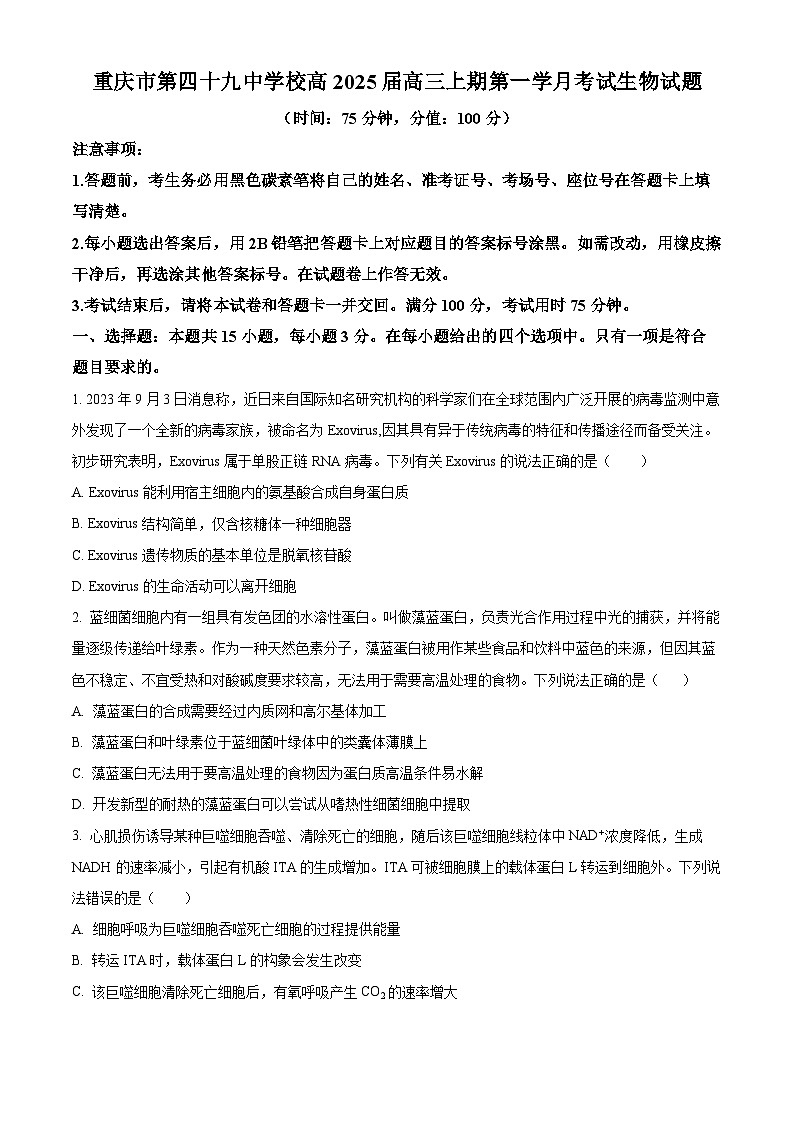 重庆市第四十九中学2024-2025学年高三上学期第一学月考试生物试题（Word版附解析）01