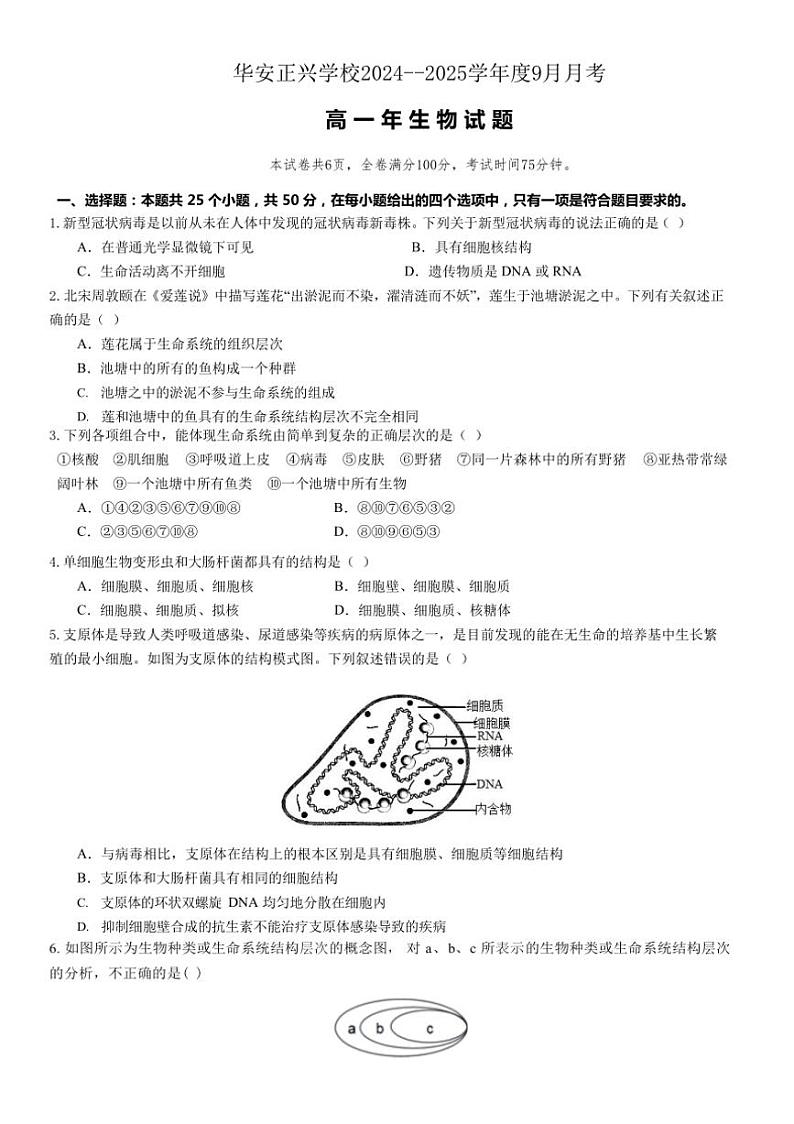 [生物]福建省漳州市华安县正兴学校2024～2025学年高一上学期第一次月考试卷(有解析)第1页